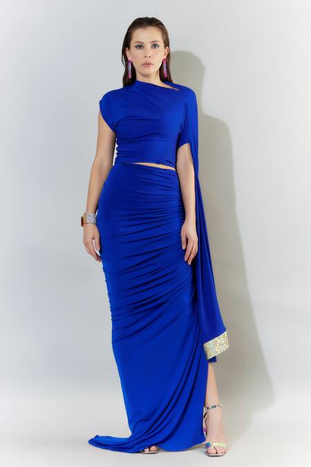 Shop_Cham Cham_Blue Polyester Cowl Neck Top And Gathered Skirt Set _Online_at_Aza_Fashions