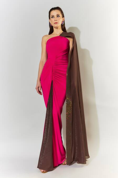 One-shoulder cape dress with hi-slitavailable only at IBFW