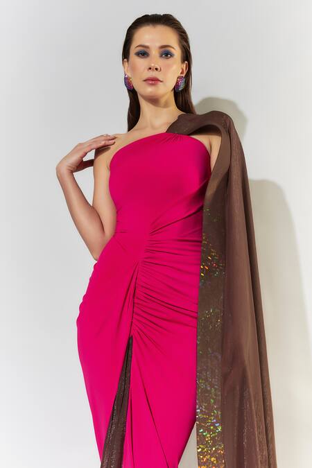 Cham Cham_Fuchsia Chiffon One Shoulder Gathered Cape Trail Gown _Online_at_Aza_Fashions