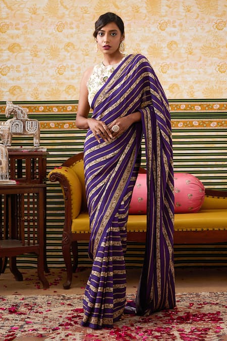 Soup by Sougat Paul Bloom Stripe Saree With Botanic Print Blouse 