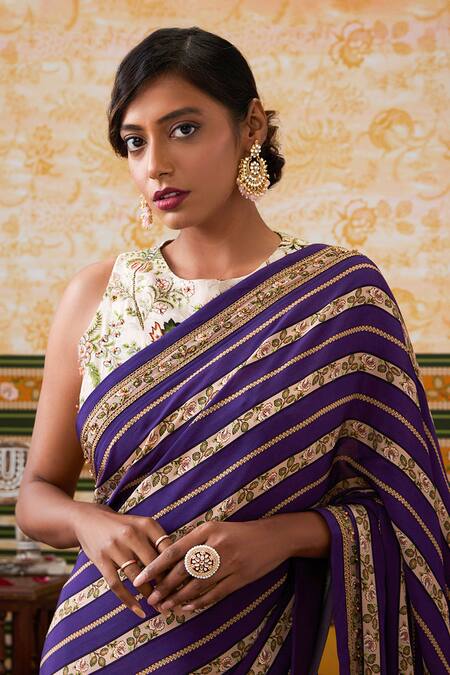 Soup By Sougat Paul Purple Crepe Embroidery Round Neck Bloom Stripe Saree With Botanic Print Blouse Online at Aza Fashions Soup By Sougat Paul_Purple Crepe Embroidery Round Neck Bloom Stripe Saree With Botanic Print Blouse _Online_at_Aza_Fashions