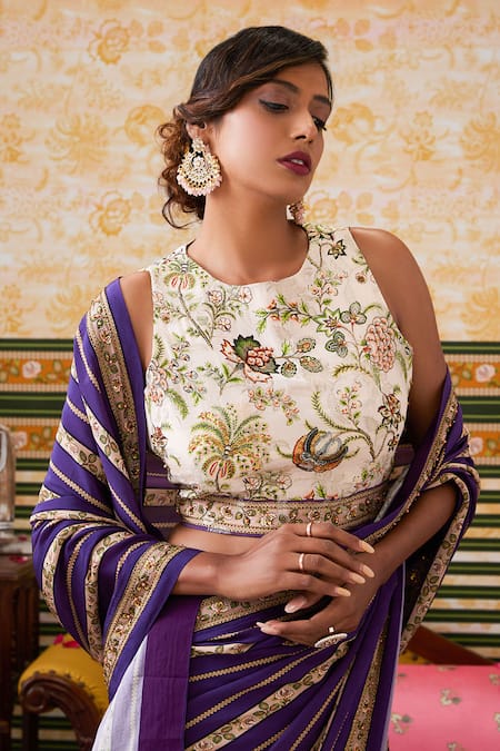Buy Soup By Sougat Paul Purple Crepe Embroidery Round Neck Bloom Stripe Saree With Botanic Print Blouse Online at Aza Fashions Buy_Soup By Sougat Paul_Purple Crepe Embroidery Round Neck Bloom Stripe Saree With Botanic Print Blouse _Online_at_Aza_Fashions