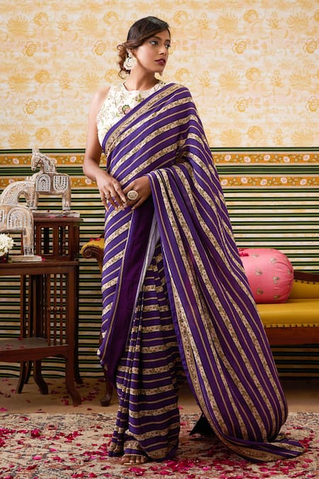 Shop Soup By Sougat Paul Purple Crepe Embroidery Round Neck Bloom Stripe Saree With Botanic Print Blouse Online at Aza Fashions Shop_Soup By Sougat Paul_Purple Crepe Embroidery Round Neck Bloom Stripe Saree With Botanic Print Blouse _Online_at_Aza_Fashions
