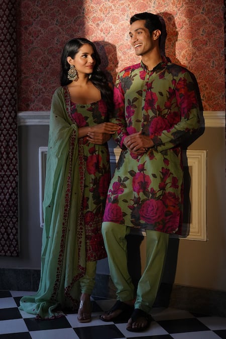 Buy Astha Narang Green Organza Embroidery, Sequins Scoop Neck Floral Print Kurta Pant Set Online at Aza Fashions Buy_Astha Narang_Green Organza Embroidery, Sequins Scoop Neck Floral Print Kurta Pant Set _Online_at_Aza_Fashions