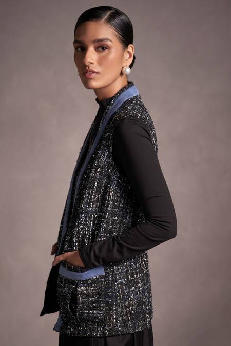 Qala Clothing Black Suede, Tweed, Cotton Open , Scoop Vallery Jacket Pant Set Online at Aza Fashions Qala Clothing_Black Suede, Tweed, Cotton Open , Scoop Vallery Jacket Pant Set_Online_at_Aza_Fashions