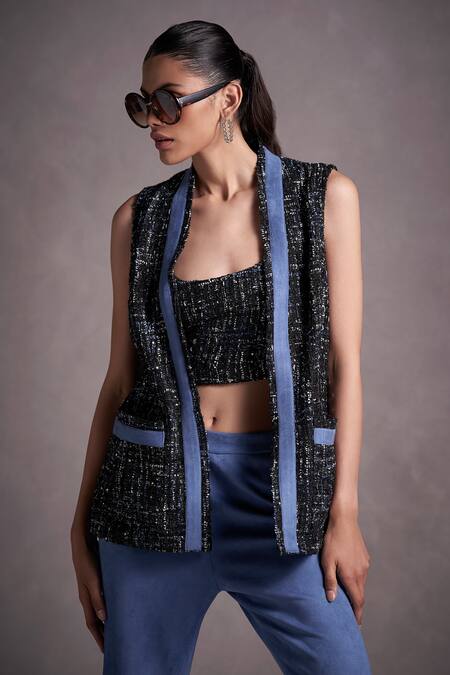 Shop Qala Clothing Black Suede, Tweed, Cotton Open , Scoop Vallery Jacket Pant Set Online at Aza Fashions Shop_Qala Clothing_Black Suede, Tweed, Cotton Open , Scoop Vallery Jacket Pant Set_Online_at_Aza_Fashions