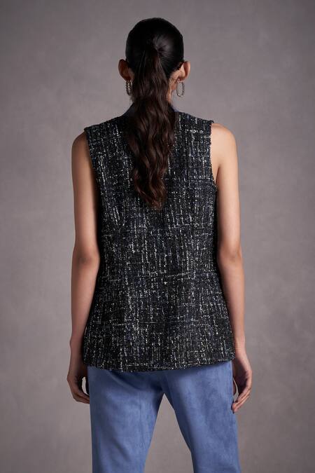 Shop Qala Clothing Black Suede, Tweed, Cotton Open , Scoop Vallery Jacket Pant Set at Aza Fashions Shop_Qala Clothing_Black Suede, Tweed, Cotton Open , Scoop Vallery Jacket Pant Set_at_Aza_Fashions