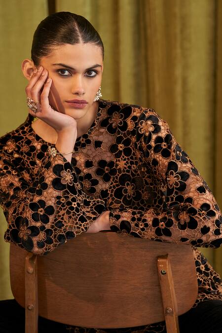 Qala Clothing_Black Velvet Embroidery Collared Elara Floral Shirt _Online_at_Aza_Fashions
