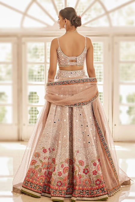 Shop_Cedar & Pine_Pink Organza, Silk Beads, Embroidery, Floating Flowers Bridal Lehenga Set _at_Aza_Fashions