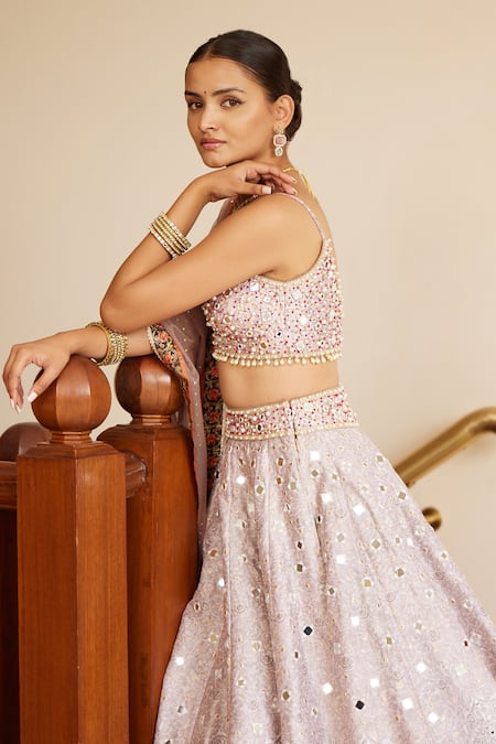 Cedar & Pine_Pink Organza, Silk Beads, Embroidery, Floating Flowers Bridal Lehenga Set _Online_at_Aza_Fashions