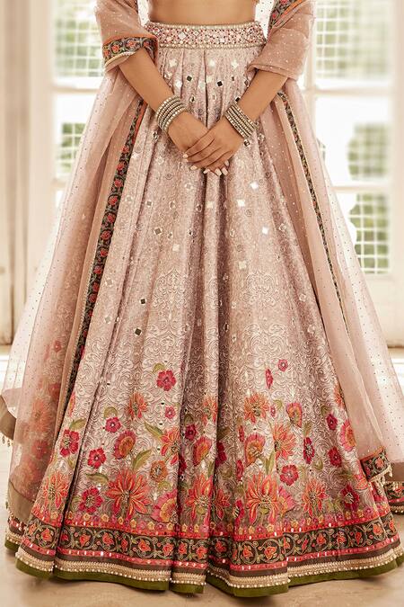 Buy_Cedar & Pine_Pink Organza, Silk Beads, Embroidery, Floating Flowers Bridal Lehenga Set _Online_at_Aza_Fashions