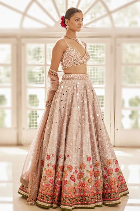 Shop_Cedar & Pine_Pink Organza, Silk Beads, Embroidery, Floating Flowers Bridal Lehenga Set _Online_at_Aza_Fashions