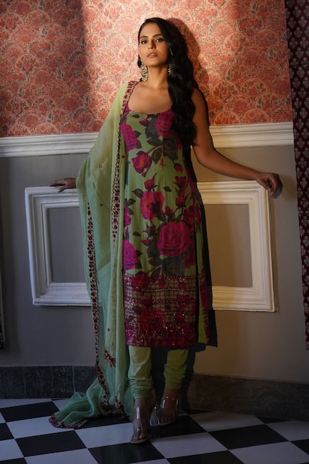 Shop Astha Narang Green Organza Embroidery, Sequins Scoop Neck Floral Print Kurta Pant Set at Aza Fashions Shop_Astha Narang_Green Organza Embroidery, Sequins Scoop Neck Floral Print Kurta Pant Set _at_Aza_Fashions