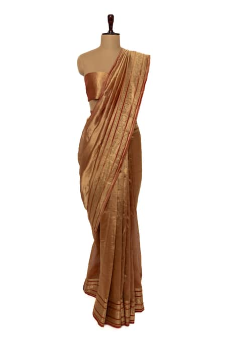 Paaprika Brown Tissue Handwoven Border Saree With Unstitched Blouse Piece 