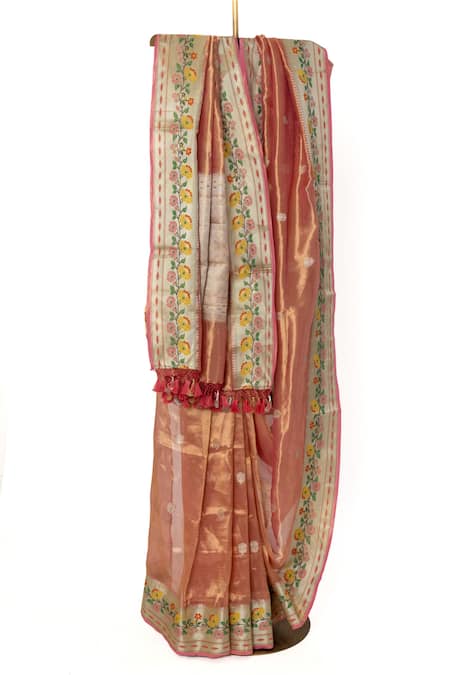 Paaprika Flower Border Woven Saree With Unstitched Blouse Piece 