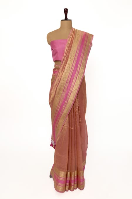 Paaprika Pink Tissue Handwoven Zari Work Saree With Unstitched Blouse Piece 