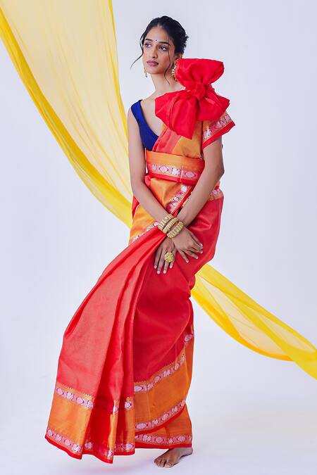 Paaprika_Red Silk, Handloom Laddoo Kamalam Woven Saree With Unstitched Blouse Piece_Online_at_Aza_Fashions