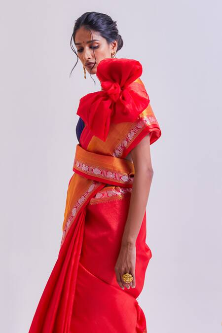 Shop_Paaprika_Red Silk, Handloom Laddoo Kamalam Woven Saree With Unstitched Blouse Piece_Online_at_Aza_Fashions