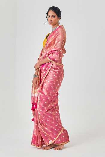 Pink Printed Satin Saree With Unstitched Blouse Piece