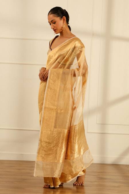 Shop_Paaprika_Gold Organza Zari Handwoven Kora Saree With Unstitched Blouse Piece_Online_at_Aza_Fashions