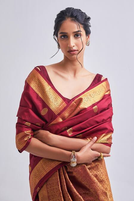 Maroon woven pure kanjivaram silk saree with blouse - All Silks - 3998792