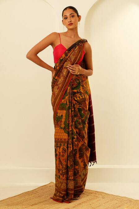 Paaprika_Yellow Silk Krishna Leela Pattern Kanjeevaram Saree With Unstitched Blouse Piece_Online_at_Aza_Fashions