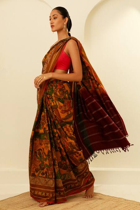Buy_Paaprika_Yellow Silk Krishna Leela Pattern Kanjeevaram Saree With Unstitched Blouse Piece_Online_at_Aza_Fashions
