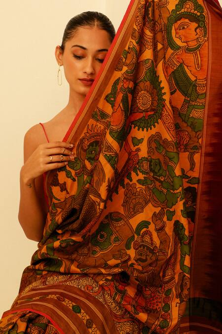Shop_Paaprika_Yellow Silk Krishna Leela Pattern Kanjeevaram Saree With Unstitched Blouse Piece_Online_at_Aza_Fashions