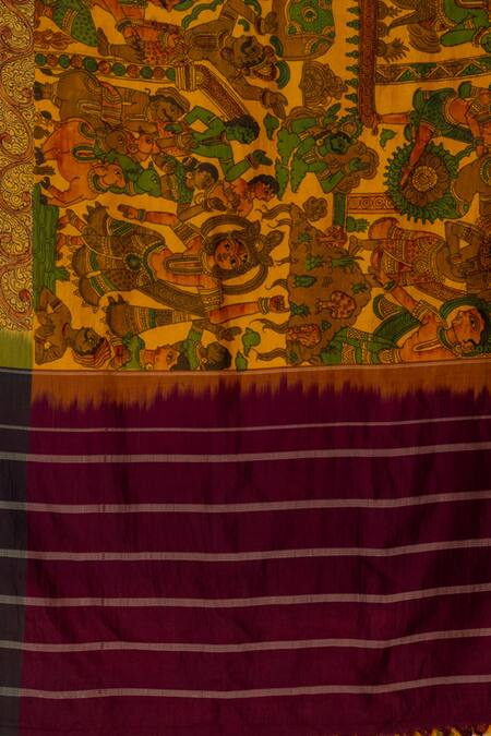 Paaprika_Yellow Silk Krishna Leela Pattern Kanjeevaram Saree With Unstitched Blouse Piece_at_Aza_Fashions