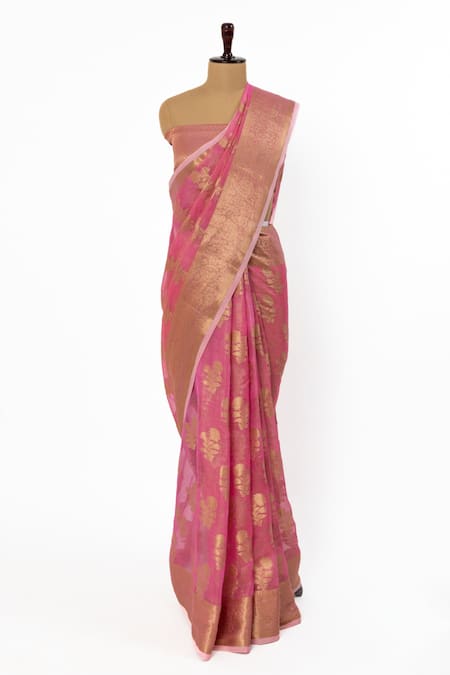 Paaprika Pink Cotton Silk Woven Floral Buti Saree With Unstitched Blouse Piece 