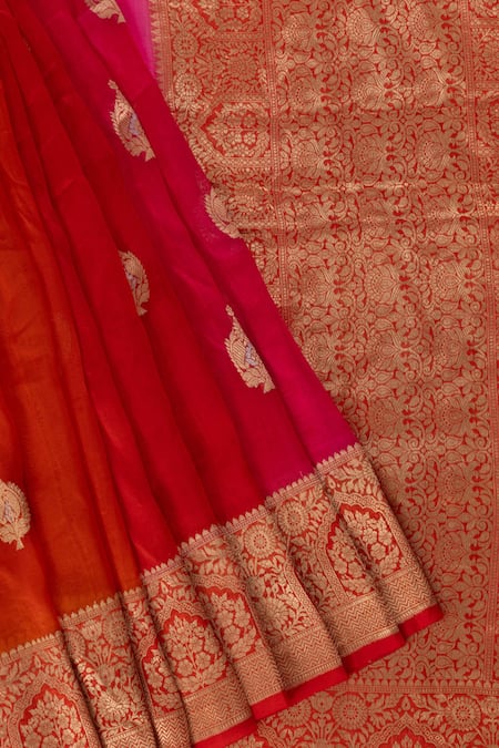Paaprika Pink Organza Ombre Mughal Fleur Banarasi Saree With Unstitched Blouse Piece Online at Aza Fashions Paaprika_Pink Organza Ombre Mughal Fleur Banarasi Saree With Unstitched Blouse Piece_Online_at_Aza_Fashions