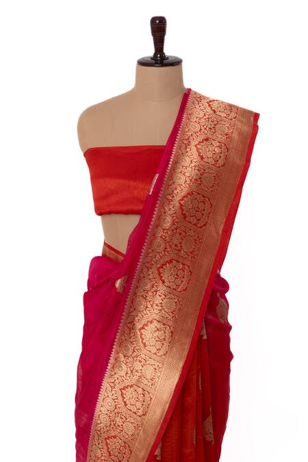 Buy Paaprika Pink Organza Ombre Mughal Fleur Banarasi Saree With Unstitched Blouse Piece Online at Aza Fashions Buy_Paaprika_Pink Organza Ombre Mughal Fleur Banarasi Saree With Unstitched Blouse Piece_Online_at_Aza_Fashions