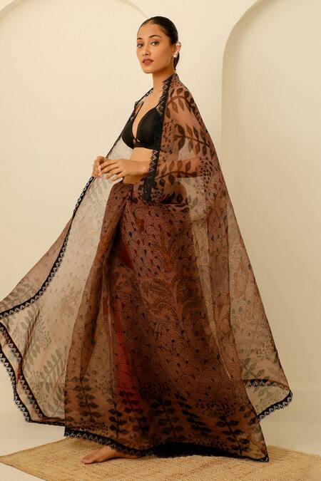 Shop_Paaprika_Brown Organza Flora Stream Kalamkari Saree With Unstitched Blouse Piece_Online_at_Aza_Fashions
