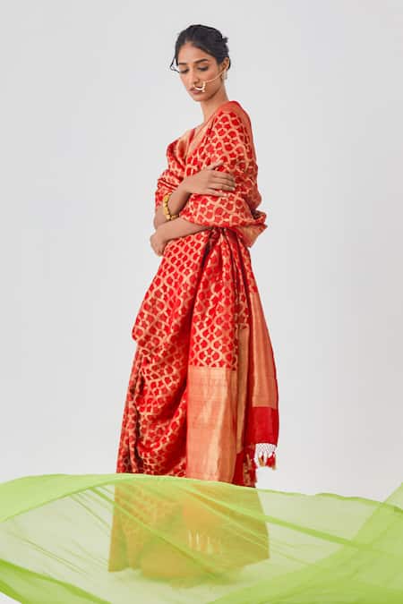 Paaprika_Red Silk Embroidery Vine Jaal Woven Saree With Unstitched Blouse Piece _Online_at_Aza_Fashions