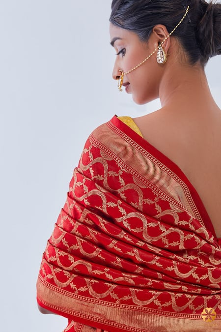 Shop_Paaprika_Red Silk Embroidery Vine Jaal Woven Saree With Unstitched Blouse Piece _Online_at_Aza_Fashions