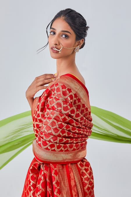 Paaprika_Red Silk Embroidery Vine Jaal Woven Saree With Unstitched Blouse Piece _at_Aza_Fashions