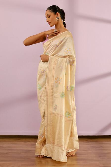 Buy_Paaprika_Ivory Brocade, Silk Bloom Joy Woven Banarasi Saree With Unstitched Blouse Piece _Online_at_Aza_Fashions