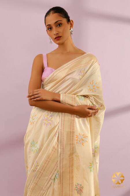 Paaprika_Ivory Brocade, Silk Bloom Joy Woven Banarasi Saree With Unstitched Blouse Piece _at_Aza_Fashions