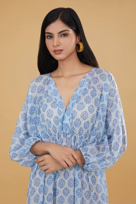 Rabani & Rakha Ivory Georgette, Silk V-neck Taj Floral Print Tiered Maxi Dress Online at Aza Fashions Rabani & Rakha_Ivory Georgette, Silk V-neck Taj Floral Print Tiered Maxi Dress _Online_at_Aza_Fashions