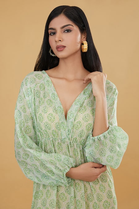 Rabani & Rakha_Green Georgette, Silk V-neck Taj Print Tier Dress _Online_at_Aza_Fashions