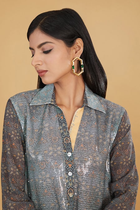Buy_Rabani & Rakha_Grey Crepe, Georgette Sequins, Embroidery Collared Embellished Kurta And Pant Set _Online_at_Aza_Fashions