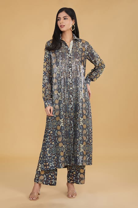 Rabani & Rakha Floral Print Spread Collar Kurta & Pant Set 