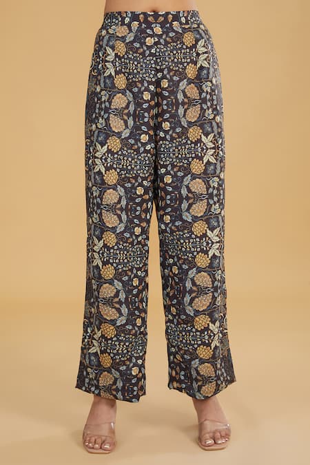 Rabani & Rakha_Black Crepe, Georgette Sequins, Embroidery Floral Print Spread Kurta And Pant Set _Online_at_Aza_Fashions