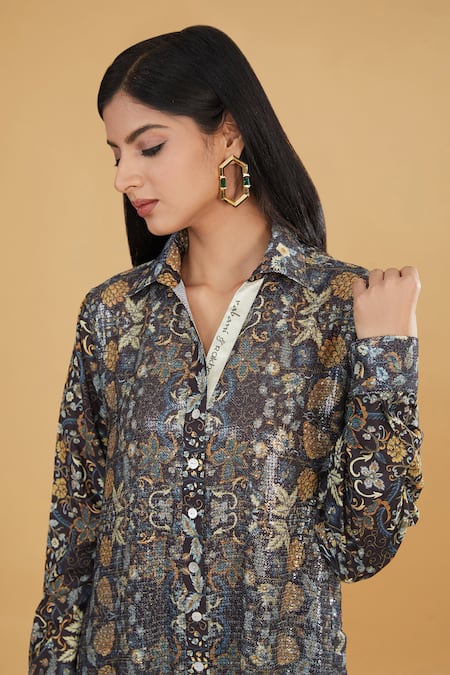 Buy_Rabani & Rakha_Black Crepe, Georgette Sequins, Embroidery Floral Print Spread Kurta And Pant Set _Online_at_Aza_Fashions