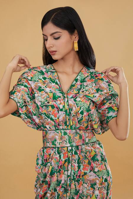 Rabani & Rakha_Green Crepe Sequins, Embroidery V-neck Rajput Print Asymmetric Dress With Belt _Online_at_Aza_Fashions