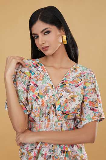 Rabani & Rakha_Ivory Crepe Sequins V-neck Rajput Print Dress With Embellished Belt _Online_at_Aza_Fashions
