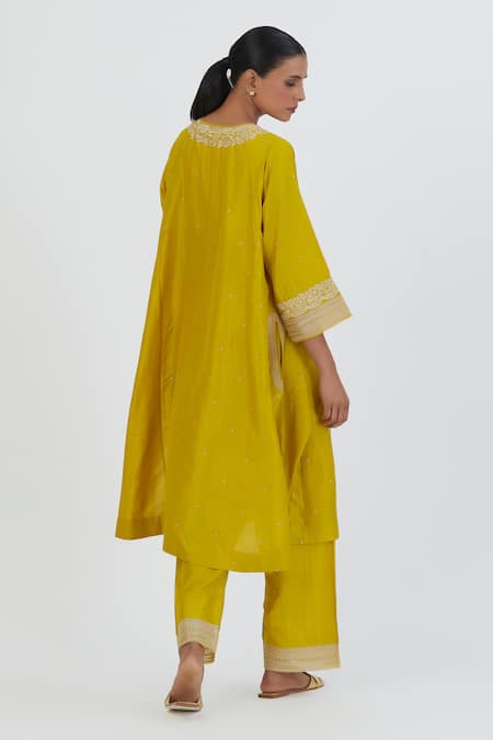 Shop Lajjoo C Yellow Silk Embroidery Blossom Round Zehra Kurta With Palazzo at Aza Fashions Shop_Lajjoo C_Yellow Silk Embroidery Blossom Round Zehra Kurta With Palazzo _at_Aza_Fashions
