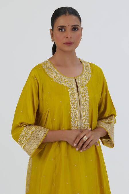 Buy Lajjoo C Yellow Silk Embroidery Blossom Round Zehra Kurta With Palazzo Online at Aza Fashions Buy_Lajjoo C_Yellow Silk Embroidery Blossom Round Zehra Kurta With Palazzo _Online_at_Aza_Fashions