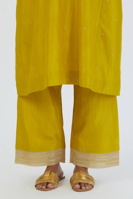 Shop Lajjoo C Yellow Silk Embroidery Blossom Round Zehra Kurta With Palazzo Online at Aza Fashions Shop_Lajjoo C_Yellow Silk Embroidery Blossom Round Zehra Kurta With Palazzo _Online_at_Aza_Fashions