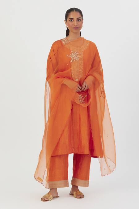 Buy Lajjoo C Orange Silk Embroidery Blossom Round Zehra Fleur Kurta With Palazzo Online at Aza Fashions Buy_Lajjoo C_Orange Silk Embroidery Blossom Round Zehra Fleur Kurta With Palazzo _Online_at_Aza_Fashions